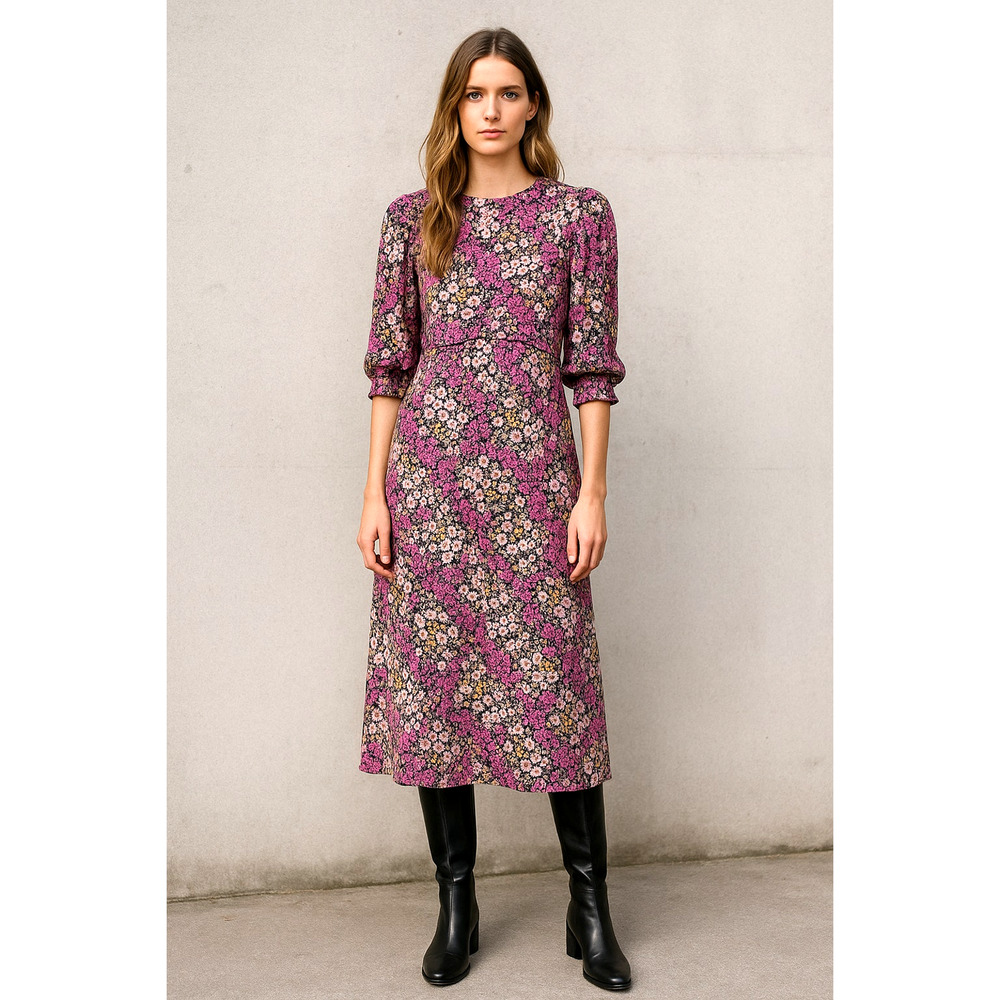 Nobody's Child US 4/UK 8 Puff Shoulder Liberty Floral Tea Dress Pink Black NEW!